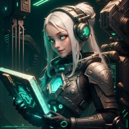 10420-1401374815-, precursortech , scifi, geometrical steel, _scholar , scroll, 1girl,long hair, white hair, glowing eyes, smile ,closed mouth,.png